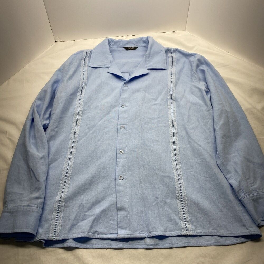 COOFANDY Men's Blue Guayabera Cuban Camp Shirt - Linen Blend - Size L